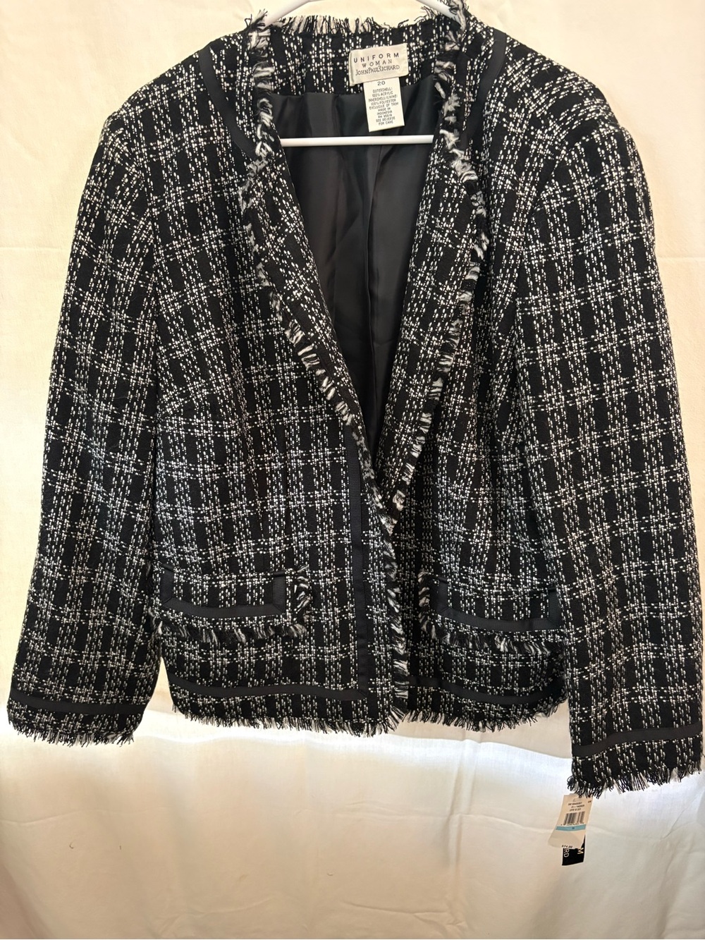 JohnPaulRichard Black and White Tweed Fringed Blazer